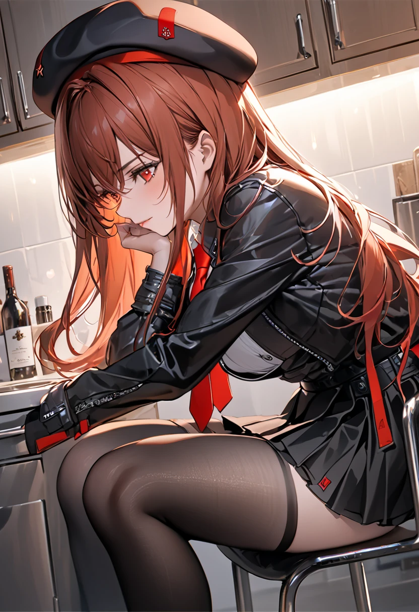 masterpiece、 soft light、1girl , red brown long hair、red eyes , White strapless top、black panty、 kitchen、 changing clothes、 black knee-highs、night、 side angle、 red tie 、 black skirt、chair、sit、cool、Real Touch、Fine art、 black beret、red black jacket with lining