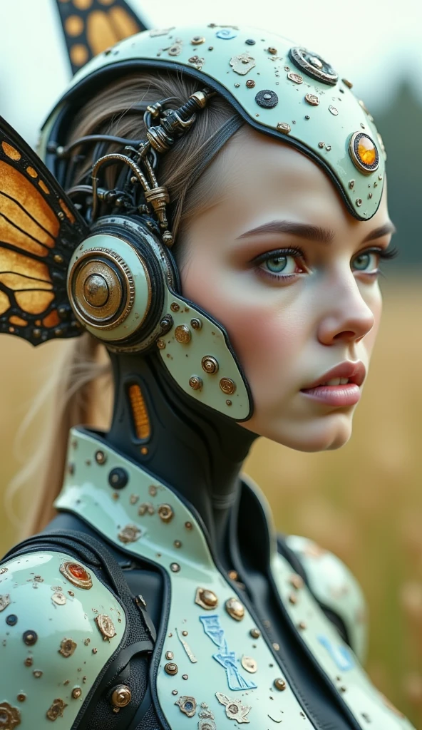 Closeup cyborg girl wearing a moth-like plug suit、Detailed skin、Actual item、grassland、photograph、((Big moth wings))、((Ancient Technology))、((Model pose))、cyber punk、skeleton、Wide-angle lens、nsfw:1.2、A plug suit that emphasizes bondage、Exposed internal machinery、Artistic、delicate