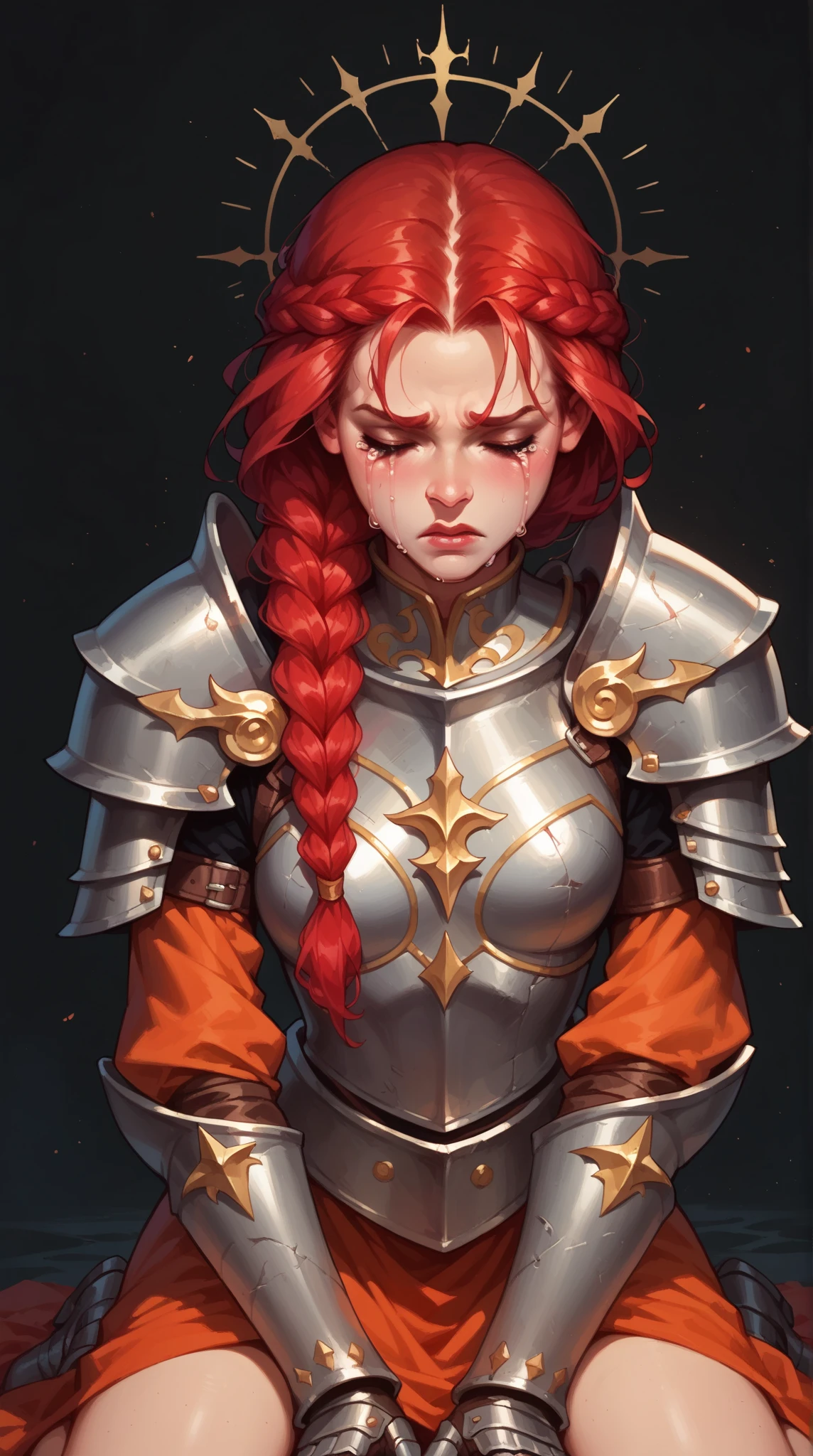 score_9, score_8_up, score_7_up, cartoon of a girl, solo, pale skin, eyes closed, red hair, braid hair, small breast, warrior woman kneeling on the desolate earth, intricate dark armor, crying, heavenly light on her, front view, dark background