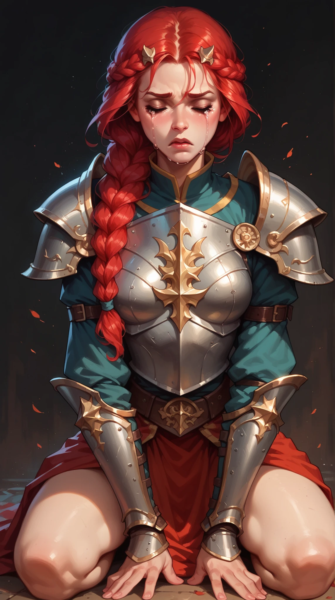 score_9, score_8_up, score_7_up, cartoon of a girl, solo, pale skin, eyes closed, red hair, braid hair, small breast, warrior woman kneeling on the desolate earth, intricate dark armor, crying, heavenly light on her, front view, dark background