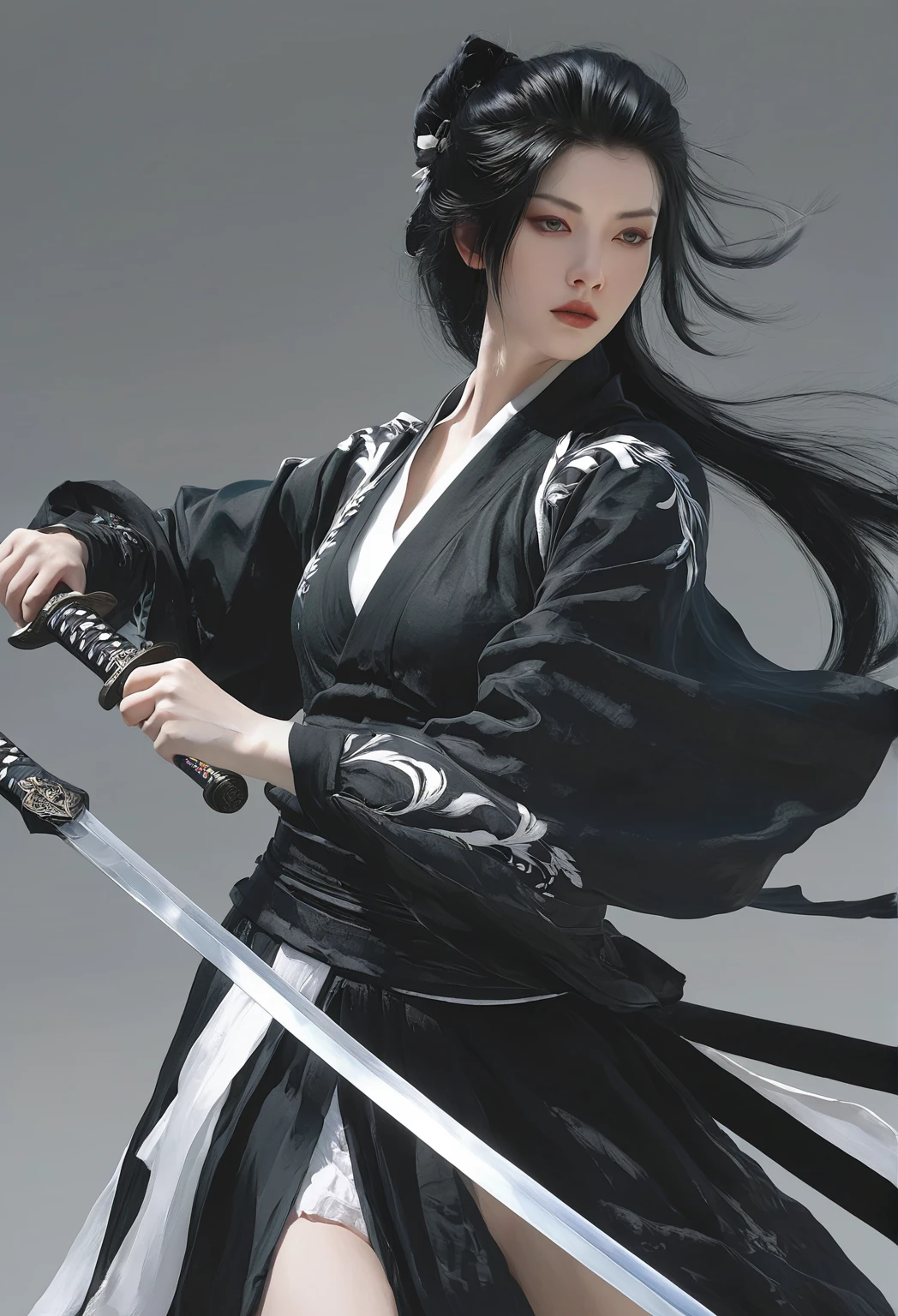 Black hair and white skin woman,  Longsword ，artwork in the style of Gu Weiss, Gu Weiss, the style of Wallop, ross tran and Wallop, Inspired by Wallop, 夏娃肚皮, in style of Wallop, Wallop and ross tran,  Pan Chengwei's , best on Wallop, Wallop |