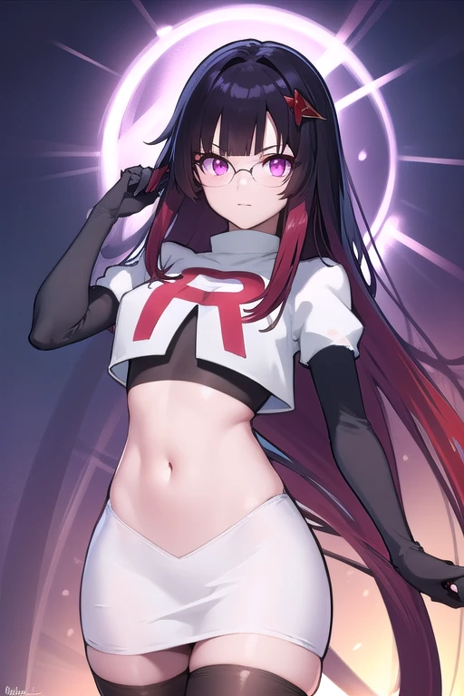 honkaisparkle, black hair, colored inner hair, glasses, hair intakes, hair ornament, hairclip, long hair, multicolored hair, (pink eyes:1.3), purple hair, straight hair, 
BREAK team rocket,team rocket uniform,white skirt,red letter R,crop top,black thigh-highs,black elbow gloves,
BREAK looking at viewer, cowboy shot,
BREAK (masterpiece:1.2), best quality, high resolution, unity 8k wallpaper, (illustration:0.8), (beautiful detailed eyes:1.6), extremely detailed face, perfect lighting, extremely detailed CG, (perfect hands, perfect anatomy),