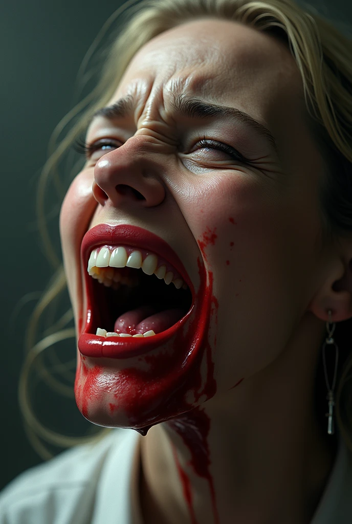 tête de femme blonde cheveux court décapitée sur une assiette, couvert de chair, , ((eyes closed)), servi comme un plat de nourriture, sanglant, Photorealistic, 4K, Nikon, horror