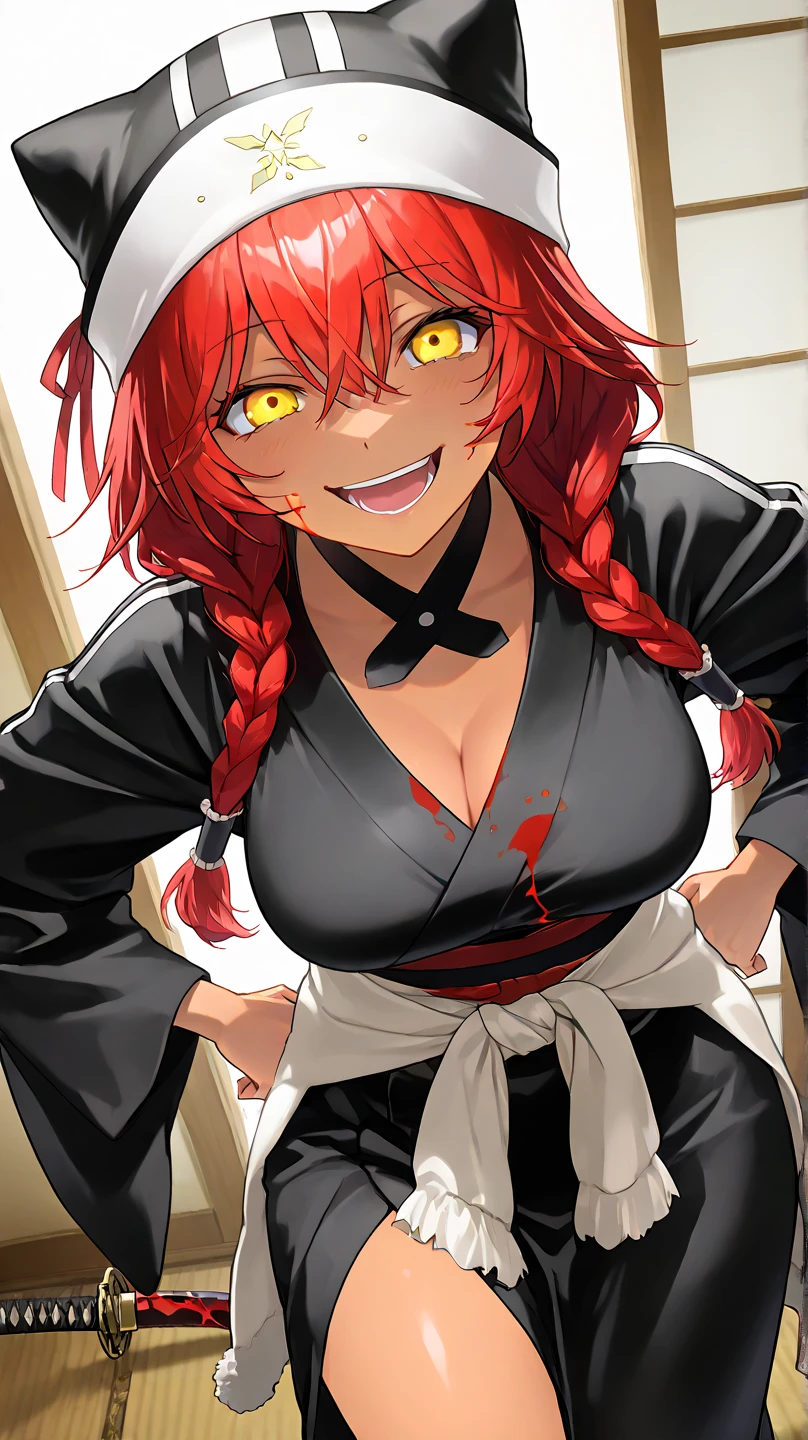 ,  High Quality , 最 High Quality , masterpiece,  high res, detailed face , anatomically correct , 
 yellow eyes,  red hair,  braids,,  wearing a black beast ear hat , One girl , solo, Dark Skin, brown skin, adult woman, Beautiful Women,Beauty,
Inside a Japanese house(Japanese-style room),血まみれのJapanese-style room,Blood is bouncing on the wall , blood is jumping all over the area where Ki is bouncing on the floor,Bloody Slayer,murder scene(血まみれのJapanese-style room)
samurai,kimono(赤色の雲の柄のkimono),A sword is stuck around the waist , wearing a sword around her waist,samuraiの女性

クローズアップ, from your hand and direct your gaze, Medium build,accurate, slightly larger breasts,
 angle from above ,high angle
smiling, ecstatic expression beside the piano,excited,  open your mouth slightly ,mischievous personality , seductive smile ,Her eyes are frowning ,Up to the thighs,Draw her in a larger size,Crazy look, hands behind hips ,Put your arms behind your hips
Blood is coming back to her body ,There is blood on clothes
