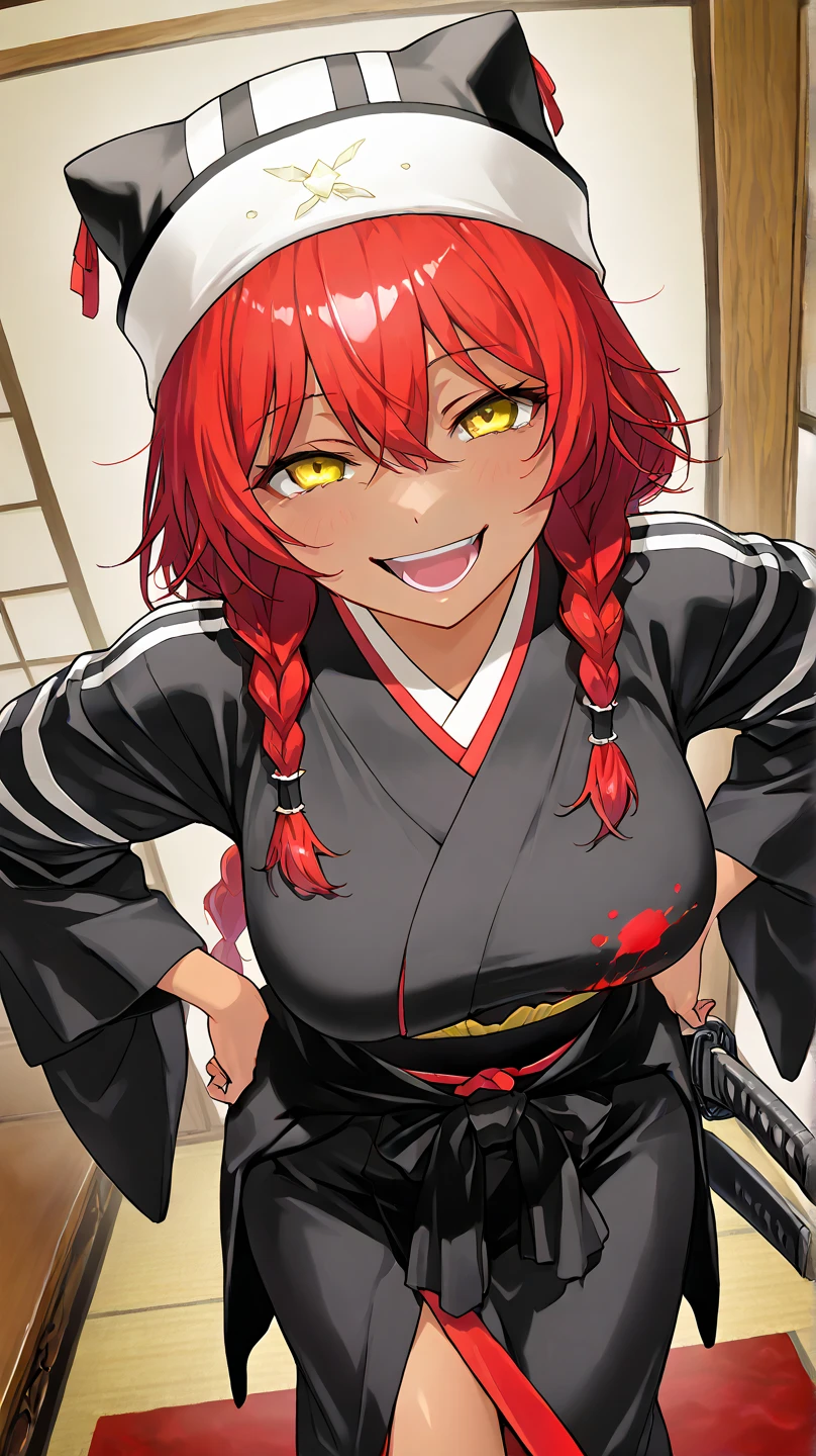 ,  High Quality , 最 High Quality , masterpiece,  high res, detailed face , anatomically correct , 
 yellow eyes,  red hair,  braids,,  wearing a black beast ear hat , One girl , solo, Dark Skin, brown skin, adult woman, Beautiful Women,Beauty,
Inside a Japanese house(Japanese-style room),血まみれのJapanese-style room,Blood is bouncing on the wall , blood is jumping all over the area where Ki is bouncing on the floor,Bloody Slayer,murder scene(血まみれのJapanese-style room)
samurai,kimono(赤色の雲の柄のkimono),A sword is stuck around the waist , wearing a sword around her waist,samuraiの女性

クローズアップ, from your hand and direct your gaze, Medium build,accurate, slightly larger breasts,
 angle from above ,high angle
smiling, ecstatic expression beside the piano,excited,  open your mouth slightly ,mischievous personality , seductive smile ,Her eyes are frowning ,Up to the thighs,Draw her in a larger size,Crazy look, hands behind hips ,Put your arms behind your hips
Blood is coming back to her body ,There is blood on clothes
