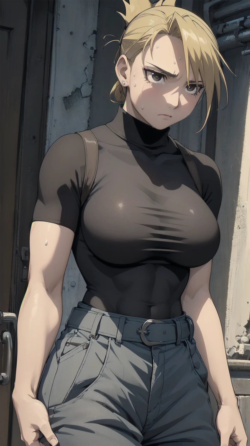 masterpiece,  top quality ,  high res,  One Girl , Hamriz,  ponytail,  brown eyes,big ,   black shirt  ,   Tight Shirt  , , Short sleeve, belt,  covered navel , blue pants ,indoor、 upper body close-up、 muscular body flowing through a bowl、、sweat、Composition from the front、Anime、((( person highlighting gray、 big boobs、Exposing both sides、sweat、Expectations)))