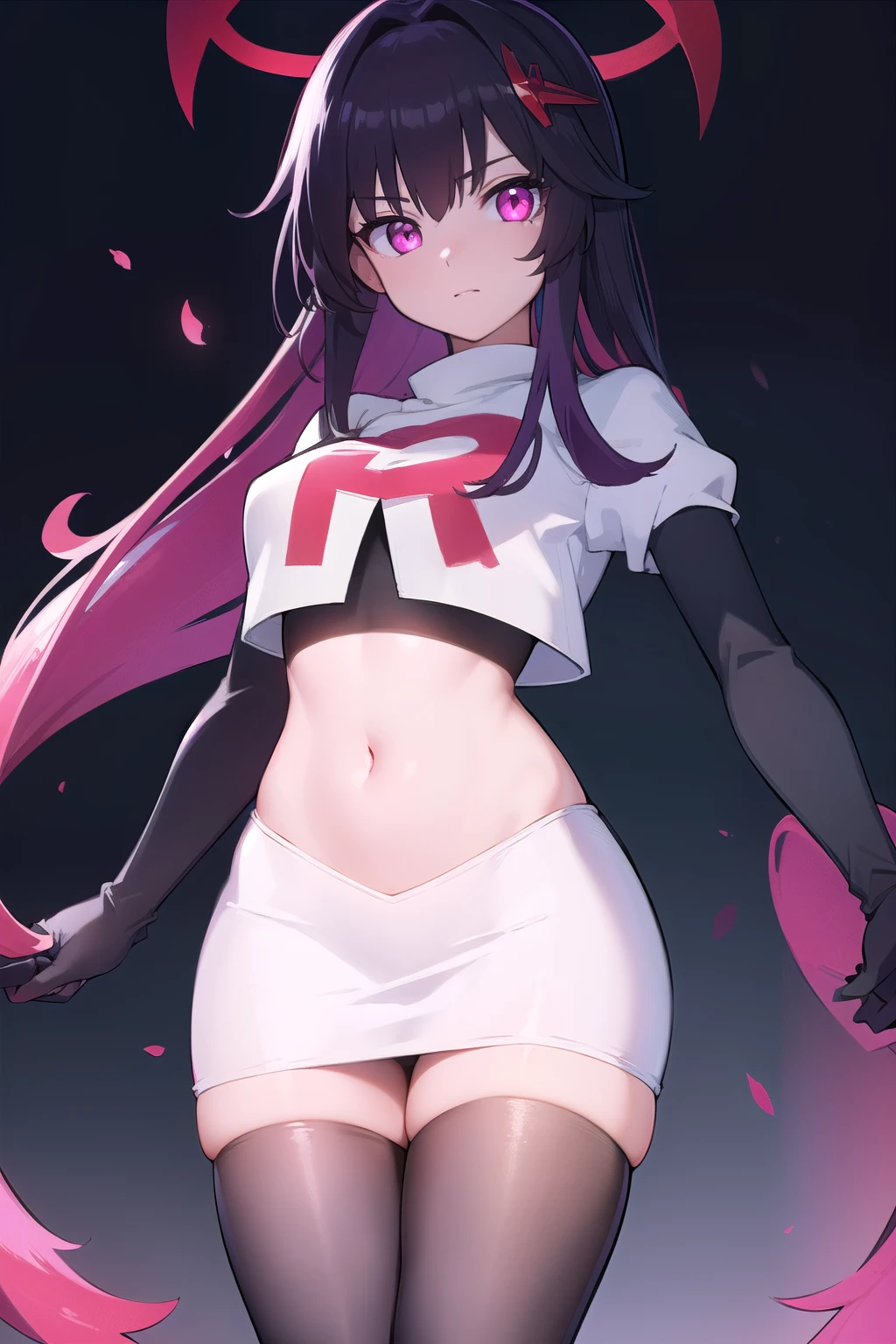 fuukadef, team rocket,team rocket uniform,white skirt,red letter R,crop top,black thigh-highs,black elbow gloves, blush, looking at viewer,moody lighting, facing viewer,