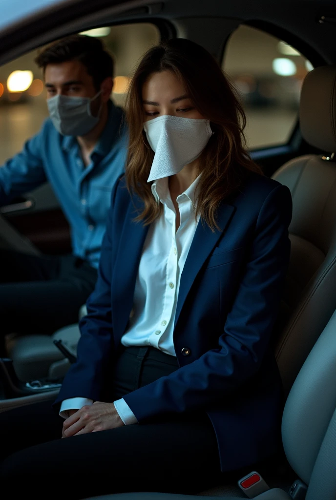 Nana wearing black pants and white buttoned shirt from silk with blue business jacket long brown hair in dark parking lot sitting on the front sit in the car a mask man behind her covered her mouth by napkin eyes closed