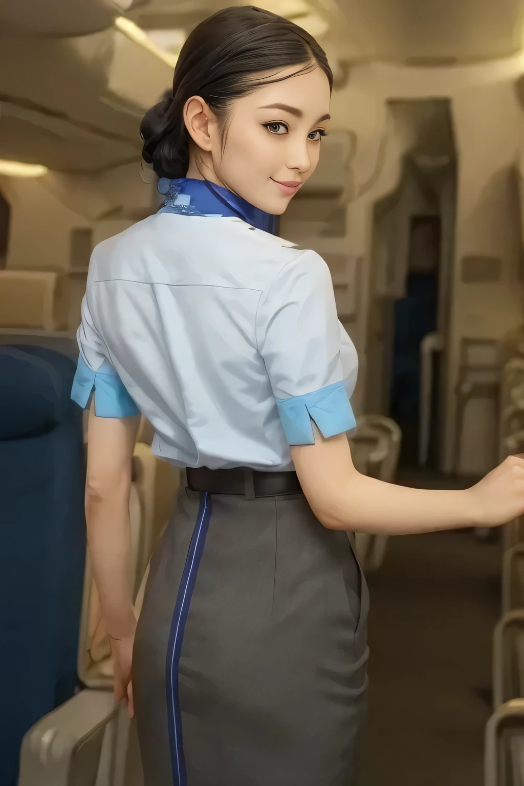 (masterpiece:1.2, top quality:1.2), 32kHDR,  high res 。  perfect for loosely aligning legs  , (alone、  1 girl)、（ Rooftop of a building during the day 、 Professional writing ）、  against the roof of a building  、（ANA cabincrew uniform blue wear 、 real style  ）、（（ ANA cabincrew uniform blue short sleeve blouse  、 ANA cabincrew uniform blueの後ろに青いラインが入ってるスカート、 Put a scarf around your neck ））、  dark brown hair  、（ 　 Super Long Hair Wrap Hair、Braid Wrap Up Hair ）、  long hit 、Big Breasts、Thin legs、（（ Amazing hands  ：2.0）），（（ 。  physique in harmony with the roof of a building  。 ：1.5）），（（ generally limbs：2.0）），（（generally ：2.0）），（（ Delicate eyes：2.0）），（（generally eyes ：2.0））)、 smile 、（  ANA cabincrew uniform blue figure showing beautiful back ）、  cross hands under the body  