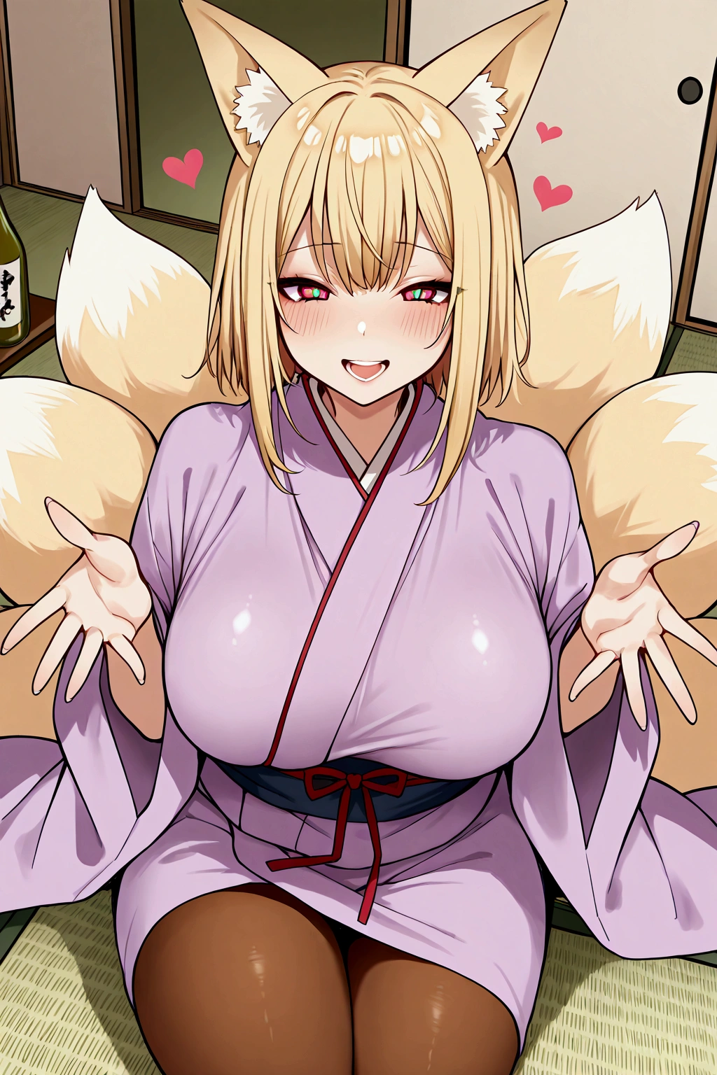 Solo, girl, kitsune woman, ara ara, mother vives, large breast, Fox ears, Blonde hair, kimono Open, warm smile, loving eyes, nine Blonde Fox tails,sitting, Open arms, red vine color eyes,saggy breast, japanese tradicional room, tatami, perfect tights, cleverage, heart, score 9, másterpiece,perfect scene, femenine, sake bottle, Open mouth, teeth, high Quality, hd