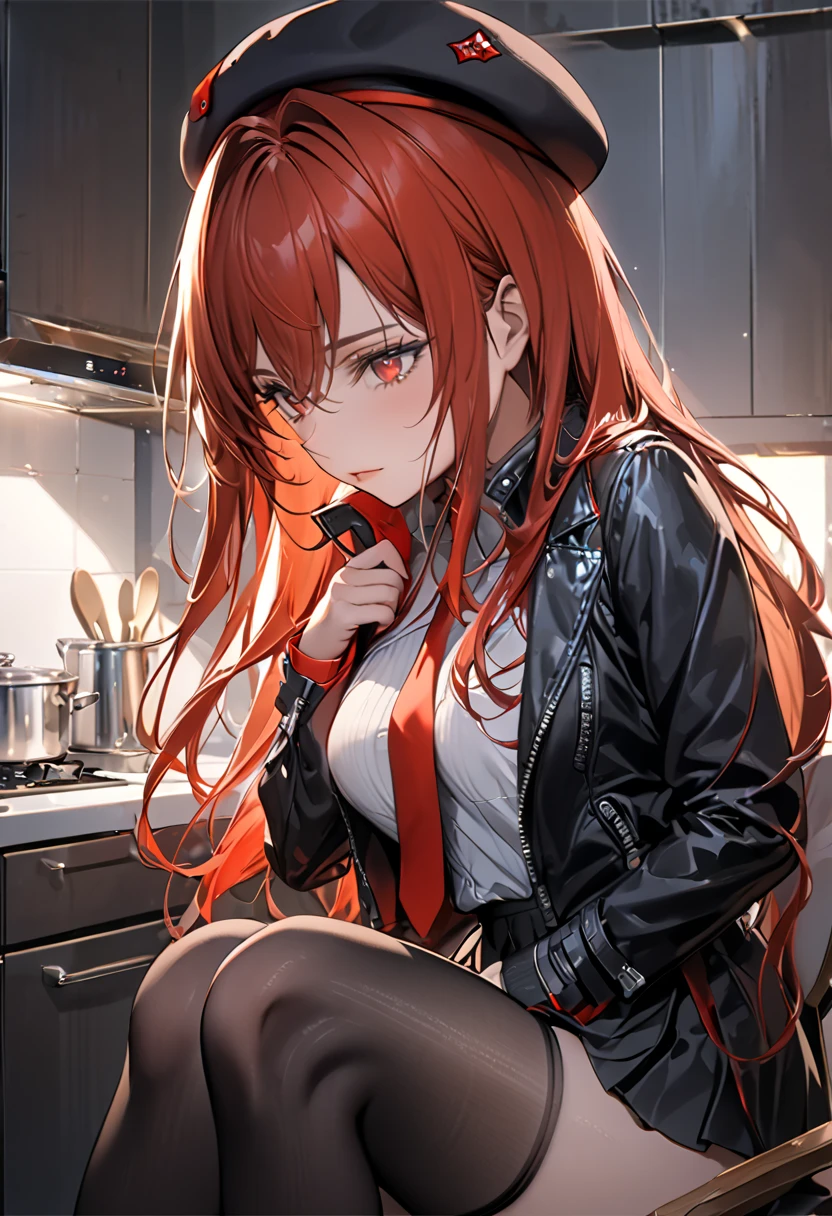 masterpiece、 soft light、1girl , red long hair、red eyes , White strapless top、black panty、 kitchen、 changing clothes、 black knee-highs、night、 side angle、 red tie 、 black skirt、chair、sit、cool、Real Touch、Fine art、 black beret、red black jacket with lining、half undress