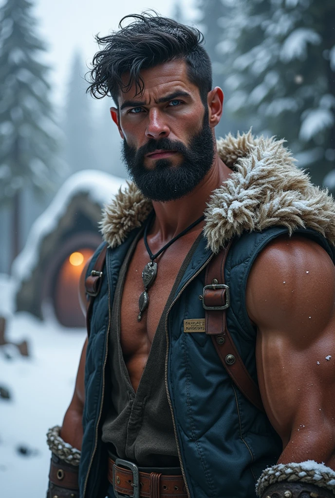 ((masterpiece)) ((details 4k)) ((ultra detailed)) ((extremely detailed CG unity 8k wallpaper)) ((vibrant colors)) ((man, 35 years, attractive manly face, with a bushy beard, hard look, detailed eyes, golden colored eyes, short hair, black hair.)) ((caucasian skin, muscled body, body hair, chest hair, thick arms, thick legs.)) ((wearing viking clothing, Minimal clothing, loincloth.)) ((Whole body)) ((scenery: forest in winter, with blue light))