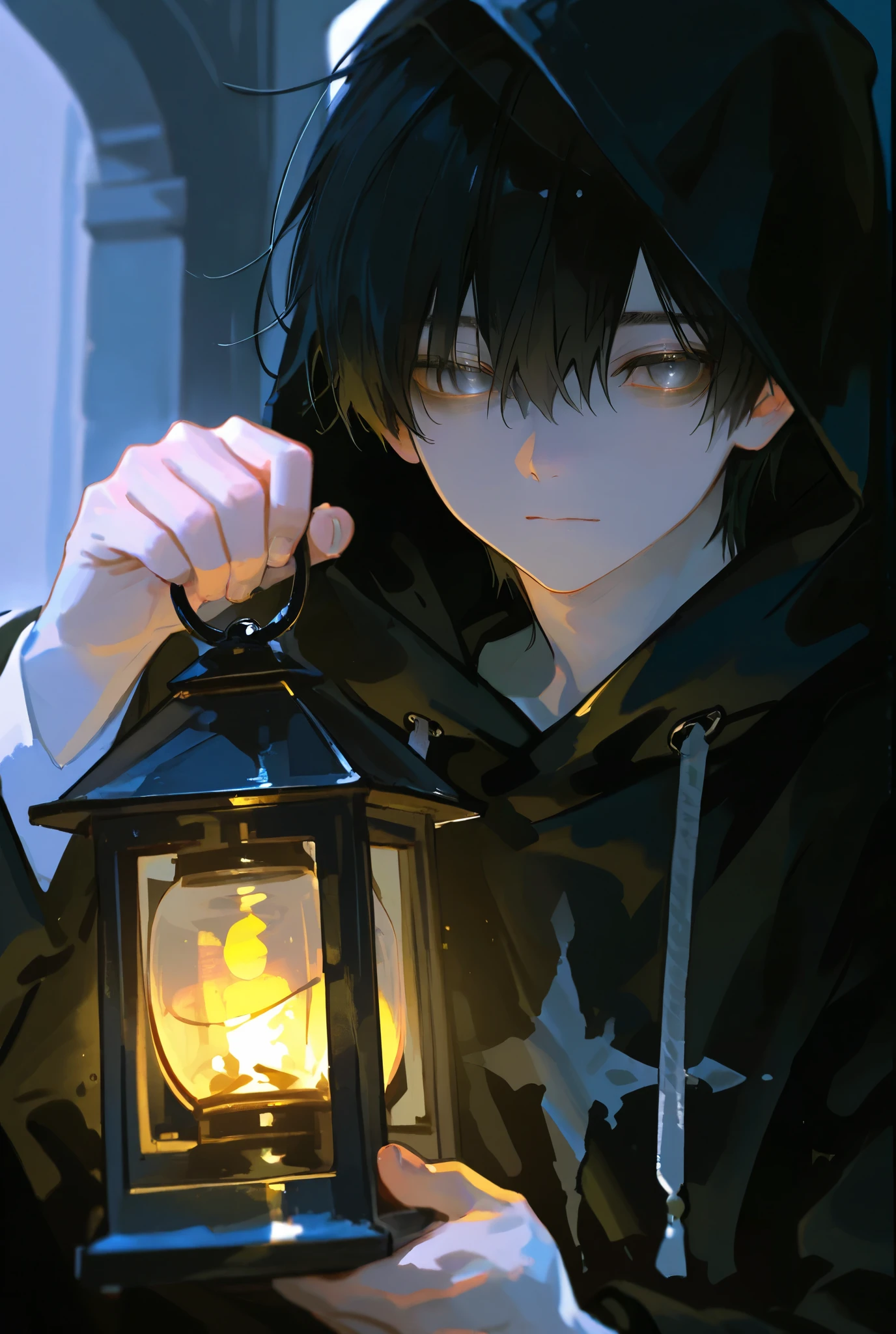 A , black-haired boy wearing a light black hood, with dull eyes, holding a lantern in the dark. 