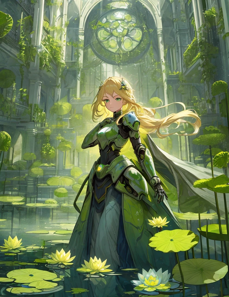  1 20-year-old girl with the light of her soul in her hands , eyes half-closed,  radiates strength courage determination and faith ,  blonde with long hair and green eyes in a mechanical suit,  elaborate face , focus on girl , whole body from afar ,  stands in front of the camera ,  cinematic angle , ( masterpiece fails),  disheveled hair ,  perfect composition,  complicated details,  picture in yellow green, gray and blue colors ,  room with puddles, water lilies and lots of plants ,  better quality ,  masterpiece fails,  Hand-painted textures ,  complicated details