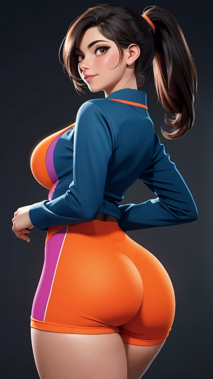 SF6 Chun-Li pose with both hand on hips booty at camera flaunting wearing Royal Blue shirt and thin grey Leggings thats the a exact same material as nitrile butadiene rubber gloves Thighs Buttocks Streetfighter Buruma Gravure shirt Japanese gym shoes pantyline