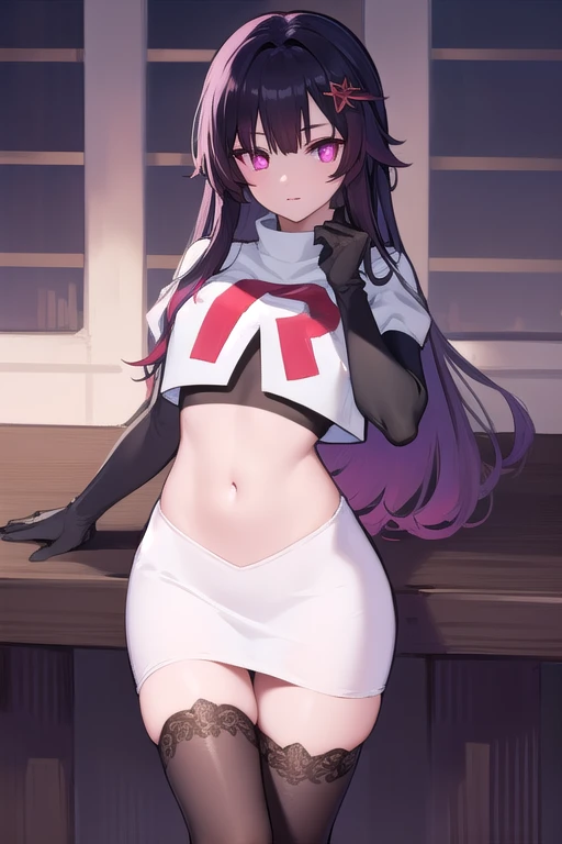 high tail hairstyle, Ponytail hairstyle, Long wavy black hair, standing posing, anime girl style, pixel art anime style,penetrating look with deep eyes,red and purple eyes, hair with a ponytail hairstyle trapped with a big red bun, Women, red hair clips, x color shaped hair clips , smiling face blush, next to his bed, lingerie, Tank Top, Black hair, mini skirt, big thighs,