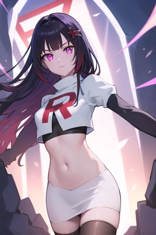 1girl, team rocket,team rocket uniform, red letter R, white skirt,white crop top,black thigh-highs,black elbow gloves, black hair, goth makeup, goth, eyeliner, pale skin, smoky eyes, eye shadow, mascara