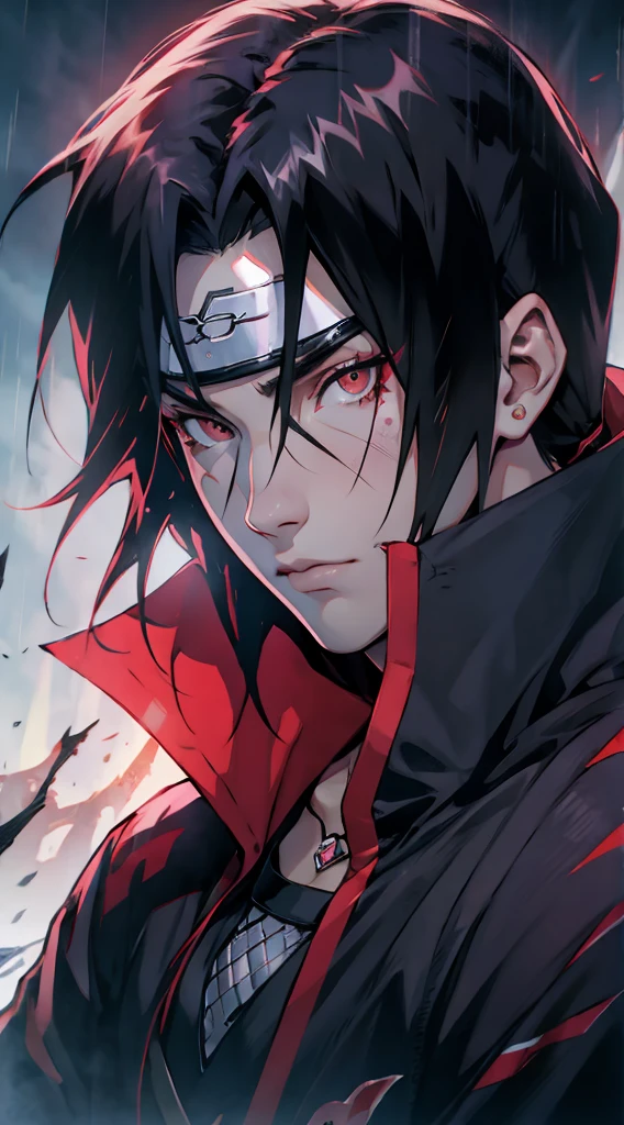 Ultra detailed, highres, absurdres, HDR, master piece, Uchiha Itachi, black hair, expressive red eyes (sharingan), Akatsuki black tunic, Naruto Shippuden, red petals, man, solo, best quality, red lightning, red shining fireflies, fantasy, magical, handsome, red moon, red flowers, magic, water,