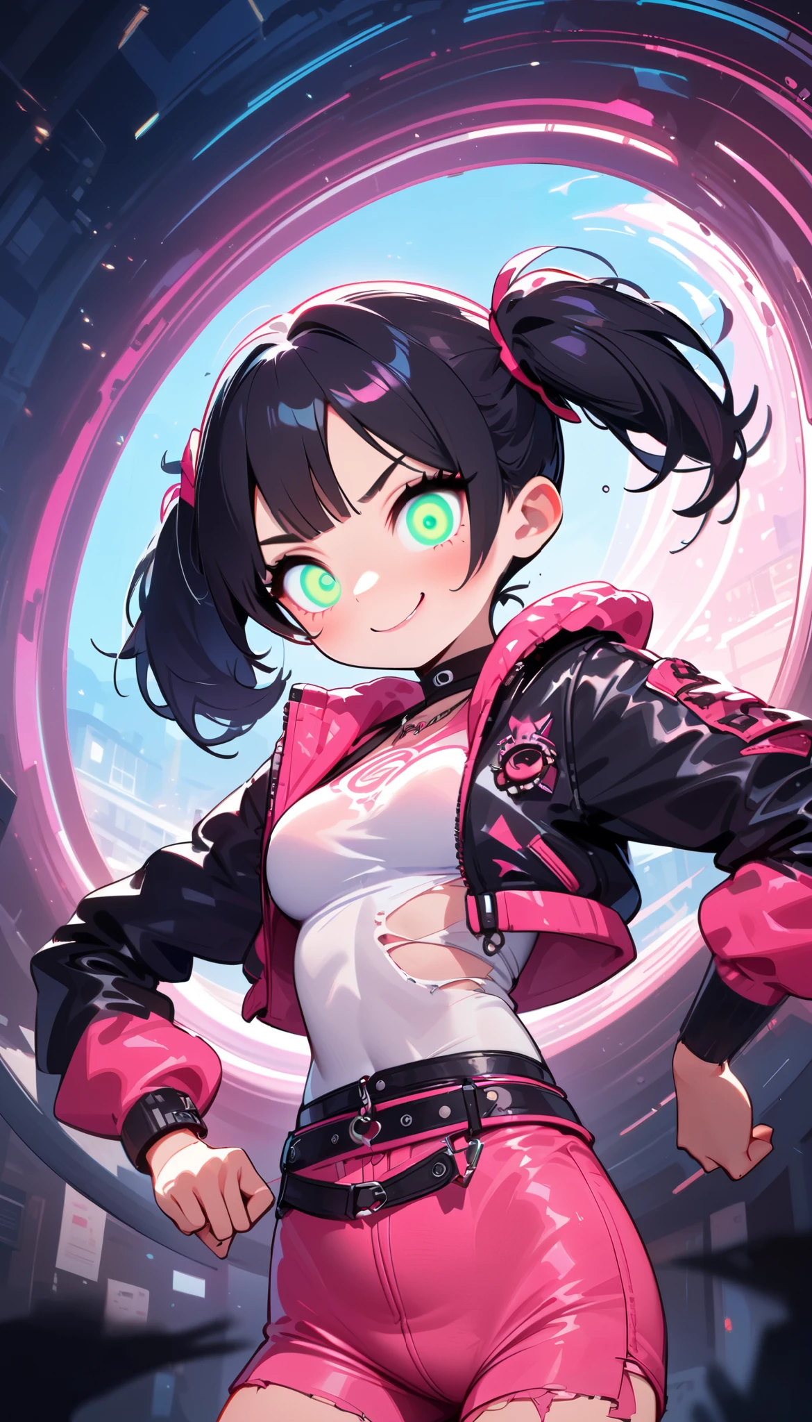 solo,1girl\(cute, kawaii,(evil smile:1.2),(black hair:1),(long hair),(twin tails hair),pale skin, skin color blue, green eyes, eyes shining, (big eyes),(breast:1.4),(punk fashion:1.6),(ripped clothes:1.5),(tight tube top),(tight hot pants),(stomach shown:0.8),(abs:0.5),(ripped pink short jacket:1.4),(dynamic pose:1.3), (spiral eye:1.4),(bang),(detailed pupil:1.3)\), BREAK ,background\(outside, noisy city, backstreet, narrow street, neon lights, at night\), BREAK ,quality\(8k,wallpaper of extremely detailed CG unit, high resolution, top-quality, top-quality real texture skin, hyper realistic, increase the resolution, RAW photos, best quality, highly detailed, the wallpaper,golden ratio,high saturation realism, vibrant colors, dramatic lighting, persuasive storytelling, atmospheric scenery, captivating visuals, intricate details, strong emotions,dreamlike world\),(close up:1.0),dynamic angle, game screen cap