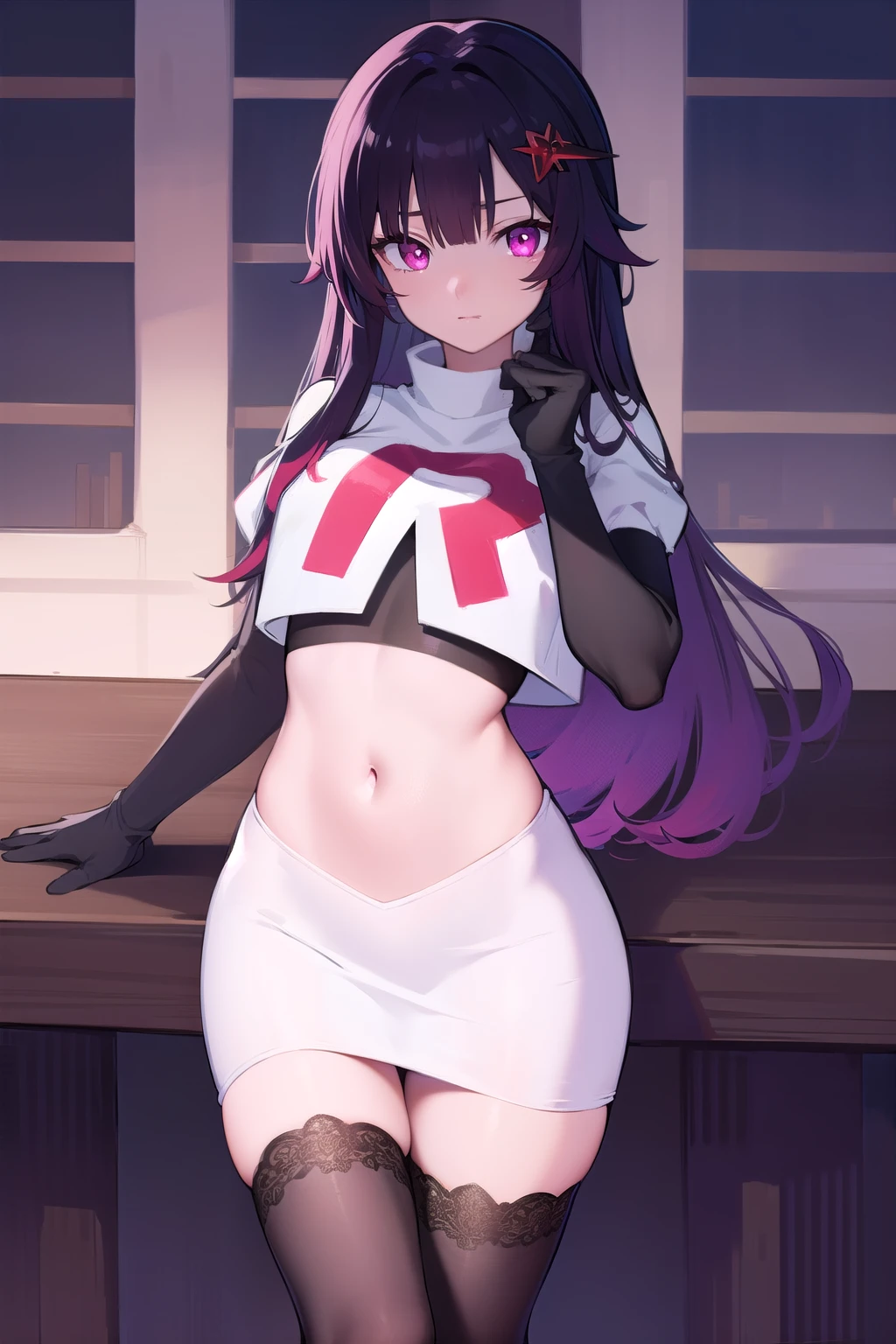 honkaisparkle, black hair, colored inner hair, glasses, hair intakes, hair ornament, hairclip, long hair, multicolored hair, (pink eyes:1.3), purple hair, straight hair,
BREAK team rocket,team rocket uniform,white skirt,red letter R,crop top,black thigh-highs,black elbow gloves,
BREAK looking at viewer, cowboy shot,
BREAK (masterpiece:1.2), best quality, high resolution, unity 8k wallpaper, (illustration:0.8), (beautiful detailed eyes:1.6), extremely detailed face, perfect lighting, extremely detailed CG, (perfect hands, perfect anatomy),