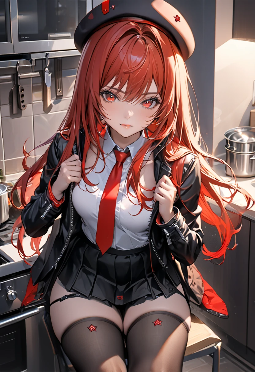 masterpiece、 soft light、1girl , red long hair、red eyes , White strapless top、black panty、 kitchen、 changing clothes、 black knee-highs、night、 side angle、 red tie 、 black skirt、chair、sit、cool、Real Touch、Fine art、 black beret、red black jacket with lining、half undress、 looking at camera