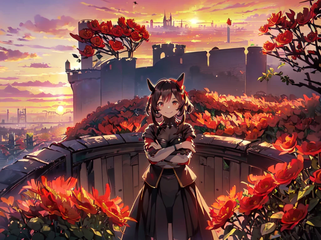 (Solo:2), (One woman:2), (Short fingers, short arms, short legs), (Horse ears), (Large breasts), (Leaning forward to show breasts), (Mini skirt), (Looking at camera with a smile), (Castle:2), (Surrounded by red flowers:2), (Sunset:2), (Focus on breasts), (Carefully drawn, amazing artwork, best quality, high resolution, 8K, detailed, delicate),