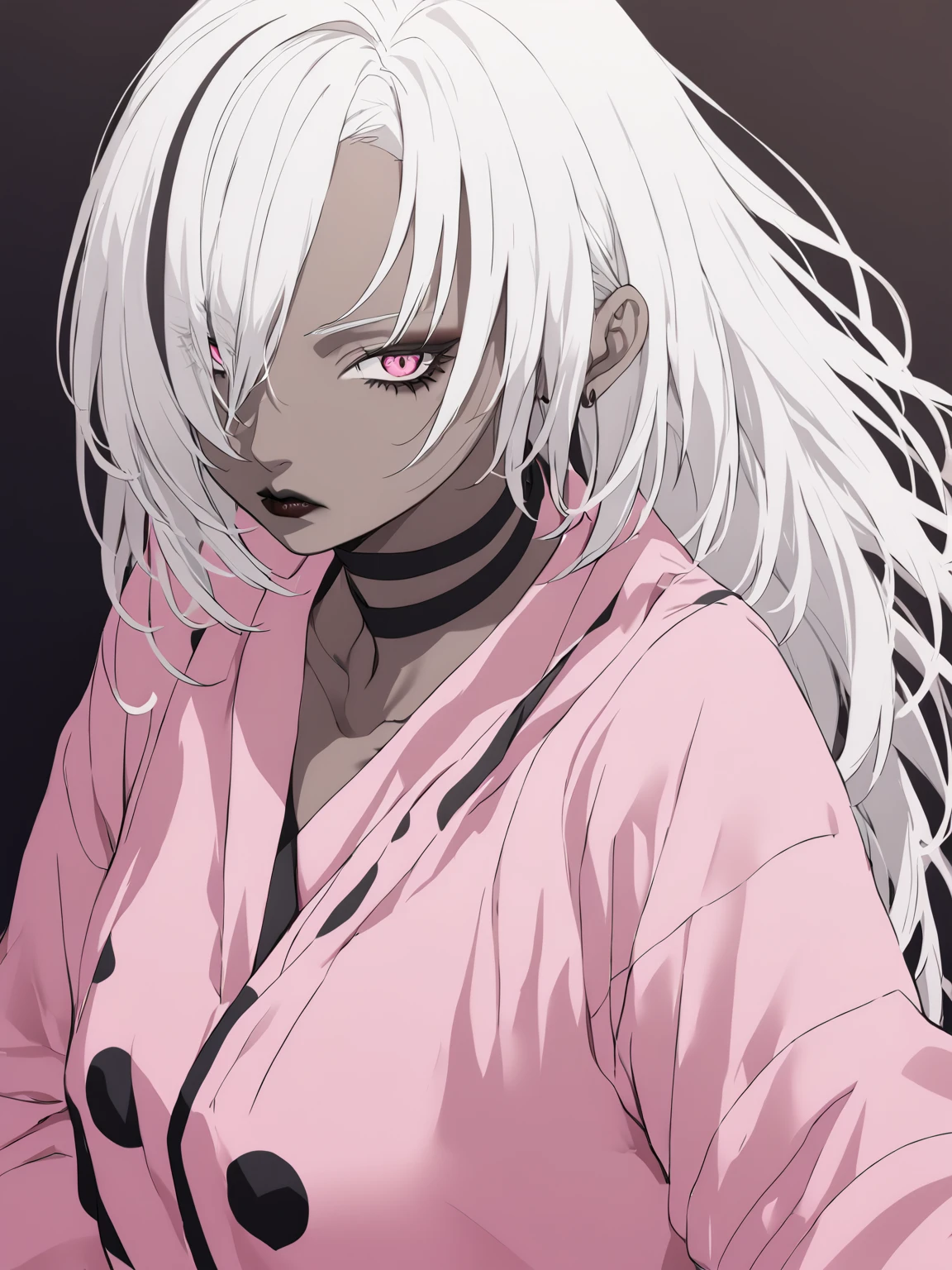 Young woman, dark skin, White hair, dark makeup, black lips, Pink clothes.
