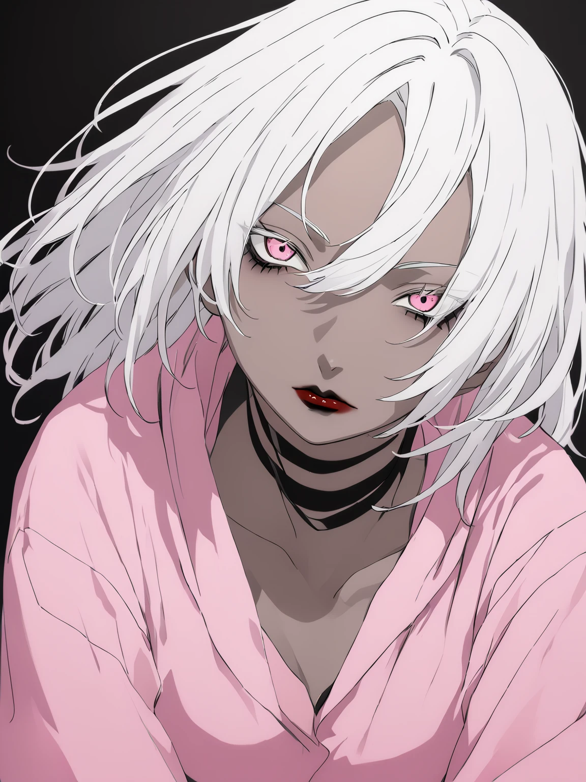 Young woman, dark skin, White hair, dark makeup, black lips, Pink clothes.
