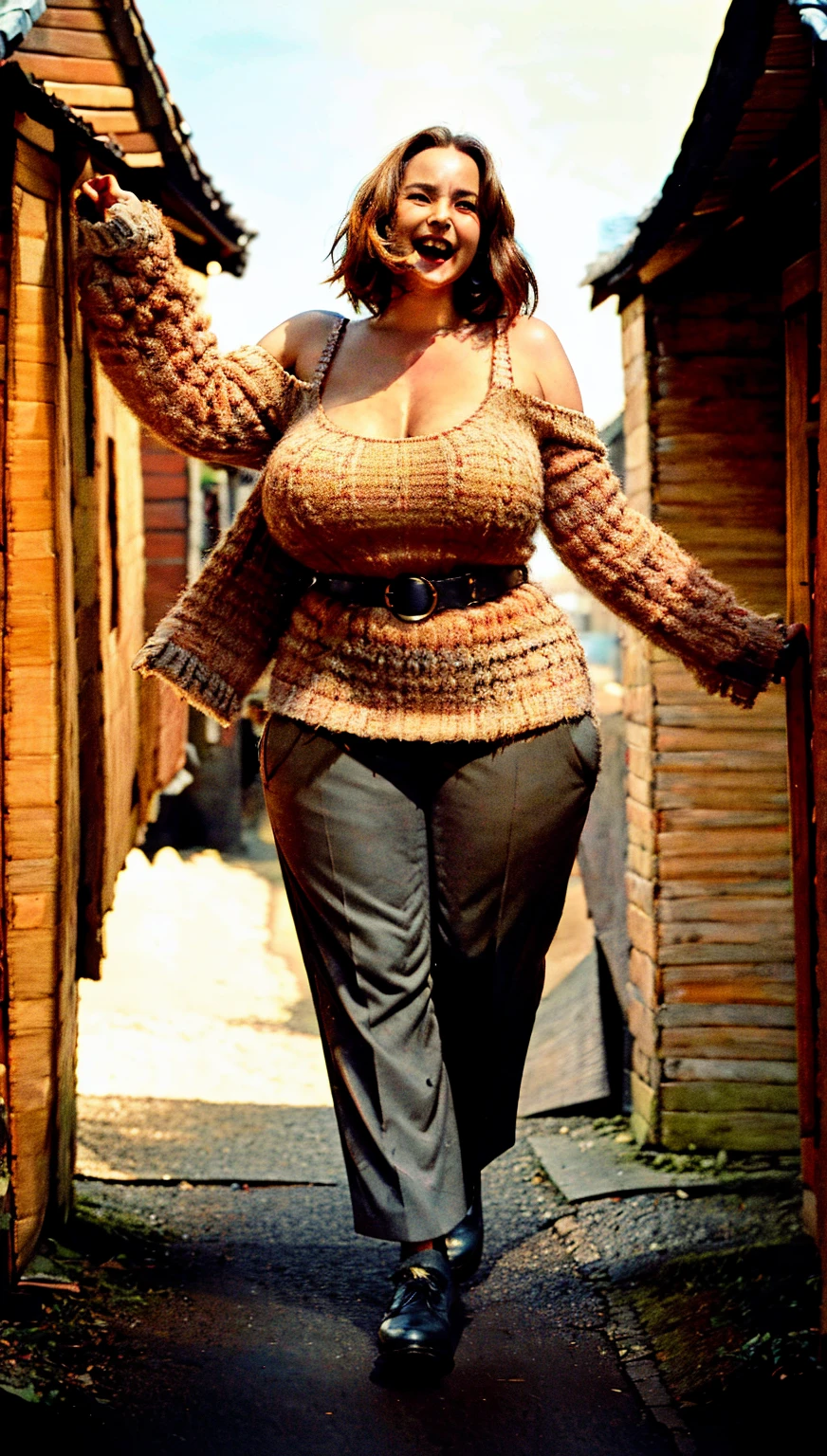 Woman, 27 years old, 1.96m tall. 125kg. Strong and curvy amazonian BBW. Very broad shoulders. Super long legs. Humungous breasts, slightly pointed bosoms. Wearing tight off the shoulder sweater, burnt ember sweater. Strong back, firm obliques. Rower's body. Lengthy cleavage, deep cleavage. Mohair trousers, brown trousers. Ankles showing. Rainbow belt, big belt buckle. Oxford shoes, brown shoes. Big, ruddy cheeks. Full face, high cheekbones. Chestnut hair with red highlights. Rugged, horny. Mixed Sardinian and Estonian. Dominant. Ready to flirt. Expressive, vibrant. Teasing, mischievous, rambunctious. Confident body language. Walking through a Christmas village. Turning heads. 35mm, full body portrait. Motion lines around her jiggling breasts, quaking thighs. Holding up her massive breasts. Giggling suggestively.