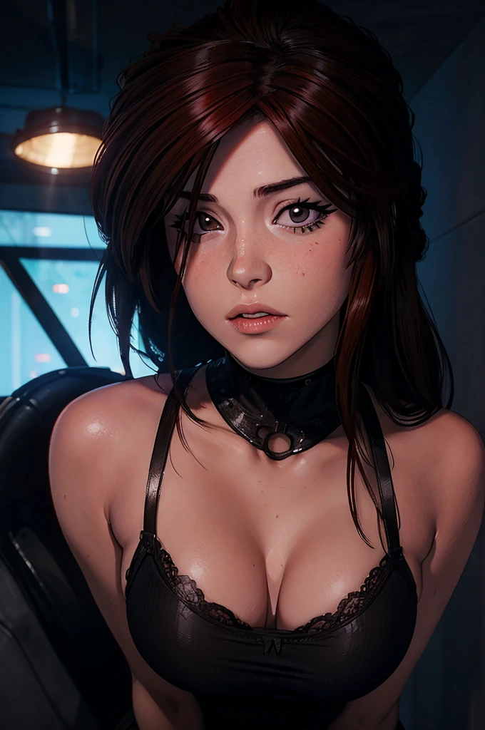(a detailed portrait RAW photo of a gorgeous beautiful ((German)) , realistic, solo, side view, POV, looking in camera, intense stare, (masterpiece),(photorealistic:1.3), nfsw, ultra-detailed, (high detailed skin:1.2),(best quality:1.0), (ultra highres:1.0), fit, back light, slim, beautiful, Wearing military tank top, black pencil skirt, revealing clothing, red and black, long hair, messy hair, 2 strands of hair tendrils, bangs, Captured from an above view angle, The scene set in a city. Best quality, 4k, Masterpiece :1.3), pretty woman, 1girl, ( large breasts, cleavage attractive body :1.2), abs :1.1, red brown hair: 1.1, makeup, black eyeshadow, black eyeliner, black mascara, red blush, ultra-detailed face, detailed lips, mouth closed, red lipstick, detailed eyes, bright green eyes, double eyelid, Combat pose