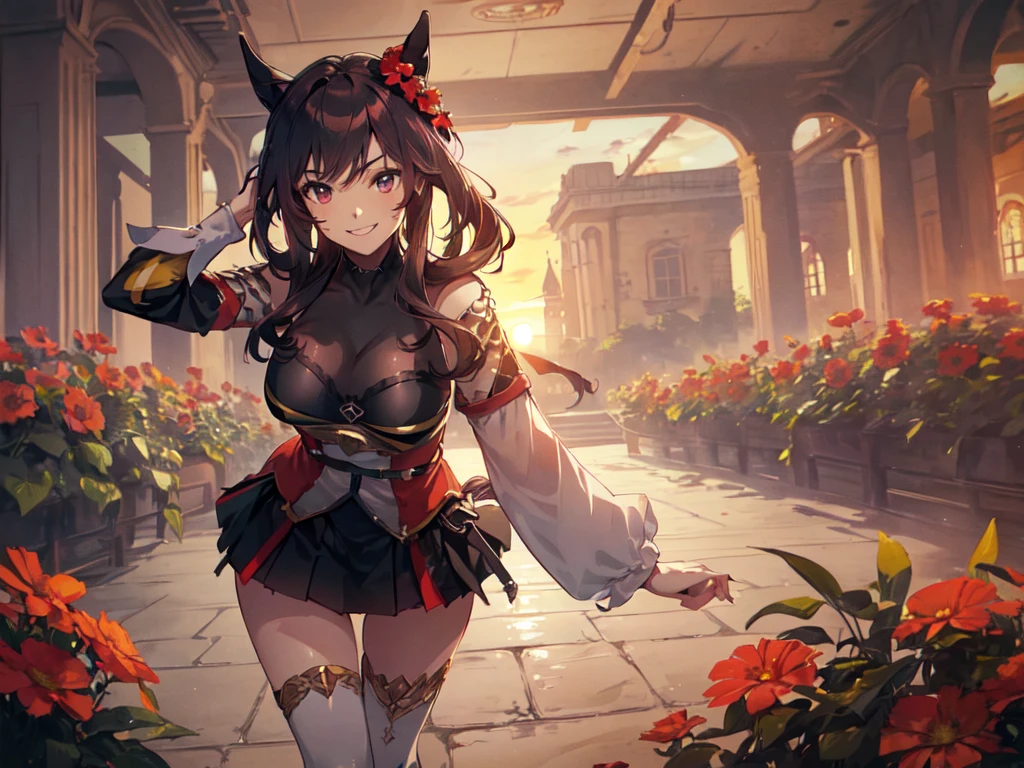 (Solo:2), (One woman:2), (Short fingers, short arms, short legs), (Horse ears), (Large breasts), (Leaning forward to show breasts), (Mini skirt), (Looking at camera with a smile), (Inside a castle), (Surrounded by red flowers), (Sunset), (Focus on breasts), (Carefully drawn, amazing artwork, best quality, high resolution, 8K, detailed, delicate),