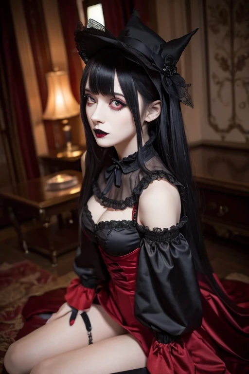 (masterpiece), (best quality), (super detailed), (girl), (full body), (front), (((very huge bust: 1.2))), (very long hair), (straight hair), (two-tone black and white hair), (red inner color), (two-tone hair), (red eyes), (fall into darkness), (dark world), (world of the dead), (red-black moon), (bats flying), (black cat at feet), (magic gate), (gothic ta), (black dress), (black lace gloves), (hollow eyes), (fully clothed)