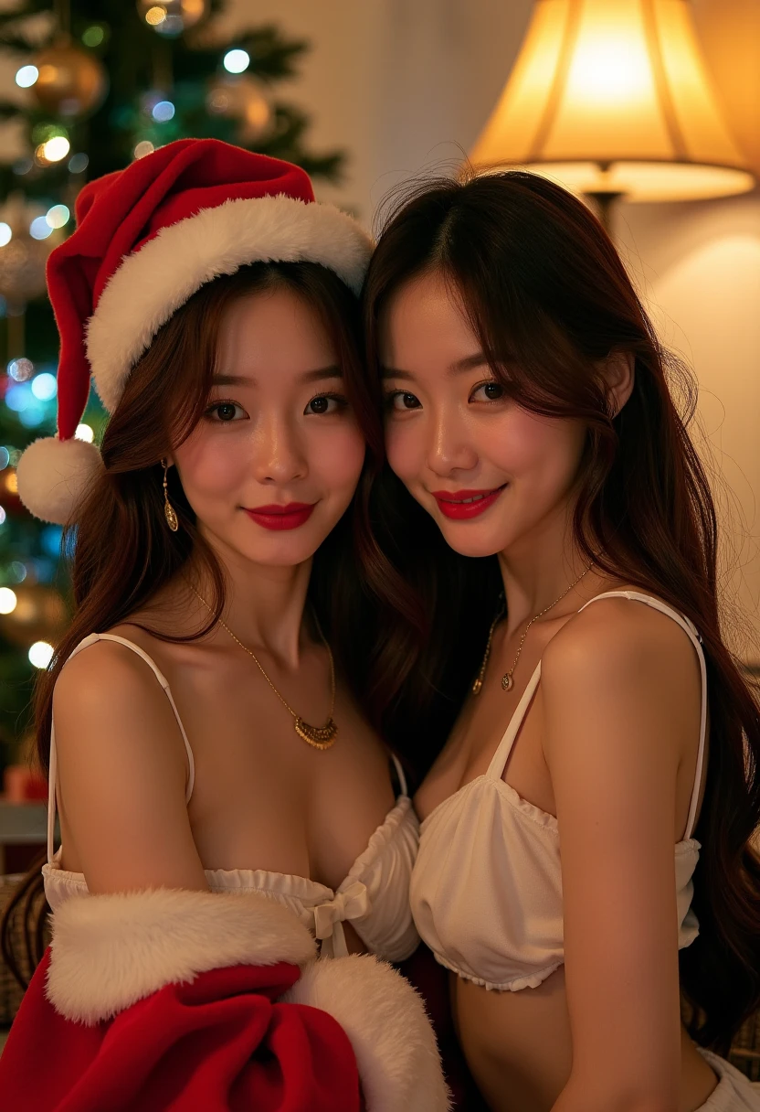 Softly lit evening scene: Movie scene 2 girls, realistic single jewelry, realistic earrings, necklace, long hair, looking at viewer, smile, signature, lips, lamp, brown hair, santa claus costume, sexy christmas tree, blur, santa claus hat, holding flares
