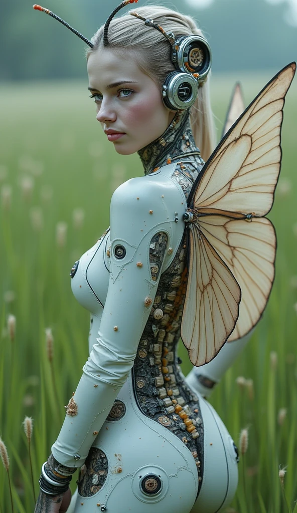 Closeup cyborg girl wearing a moth-like plug suit、Detailed skin、Actual item、grassland、photograph、((Big moth wings))、((Ancient Technology))、((Model pose))、cyber punk、skeleton、Wide-angle lens、nsfw:1.2、A plug suit that emphasizes bondage、Exposed internal machinery、Artistic、delicate