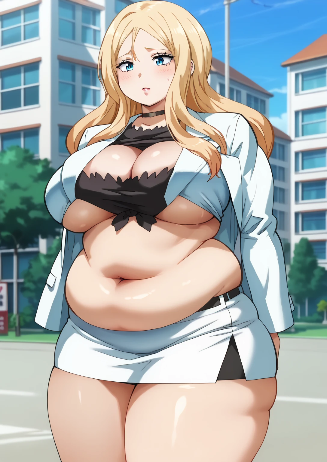  Irina Jelavic,  Golden Hair ,  long hair,Down Style, blue eyes,  black choker like an NTR cartoon, (white suit), ( white jacket,  black shirt , white mini skirt), ssbbw, chubby,milf, obese の女教師, giant areolas,score_9,   score_8_ up,   score_7_ up,   score_6_ up,   score_5_ up,   score_4_ up,     masterpiece   ,   top quality,     So Aesthetic ,    absurd,    Source_Anime, Anime screencap,    one woman , Alone,   personal   ,  Super huge breasts, ((( super huge clevis, Super huge , Super huge boob))), Curvy,   chubby,  Mature Woman,   obese ,  embarrassing expression, Outdoor