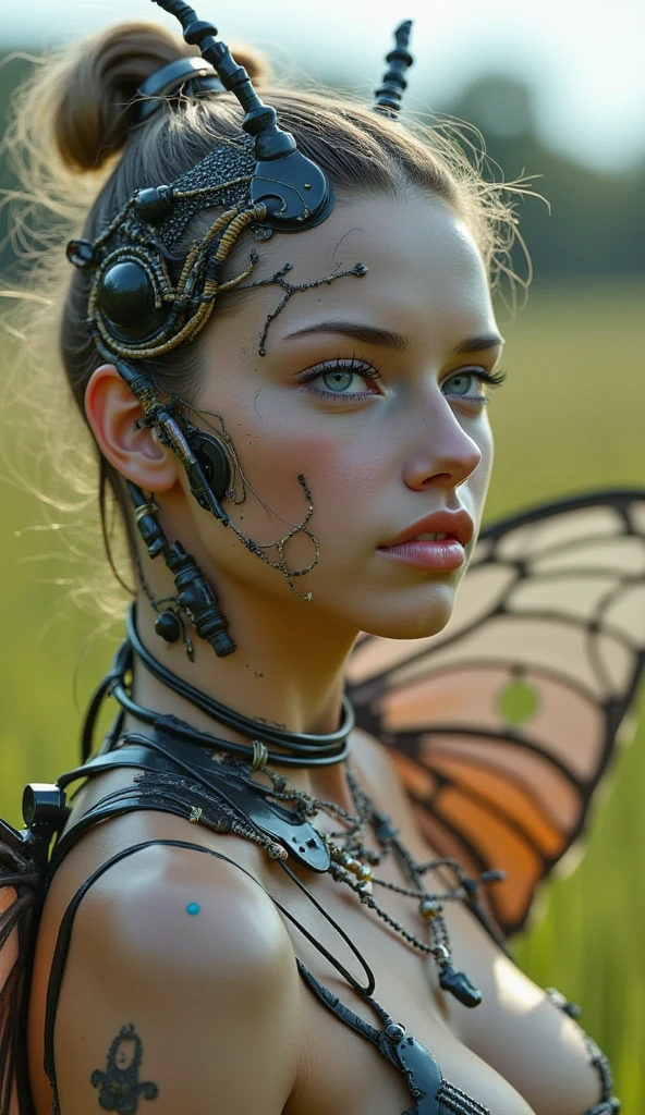 Closeup cyborg girl wearing a moth-like plug suit、Detailed skin、Actual item、grassland、photograph、((Big moth wings))、((Ancient Technology))、((Model pose))、cyber punk、skeleton、Wide-angle lens、nsfw:1.2、A plug suit that emphasizes bondage、Exposed internal machinery、Artistic、delicate