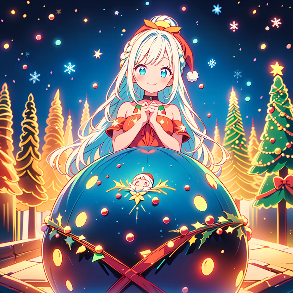 1girl,solo, prt,blonde hair, long hair, one side up,center frills, blue eyes,medium breasts,(china dress:0.8), christmas, santa costume, lying,head tilt, merry christmas, jingle bell, christmas tree, covering mouth, large ribbon, indoors, no panties, christmas present, <lora:one_side_up-000004:1> string pull,santa hat, rotational symmetry,