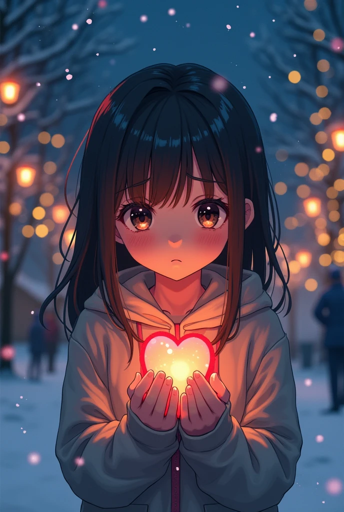 Make me an image of a sad person at Christmas,with a heart in my hands (in anime form,The animated)