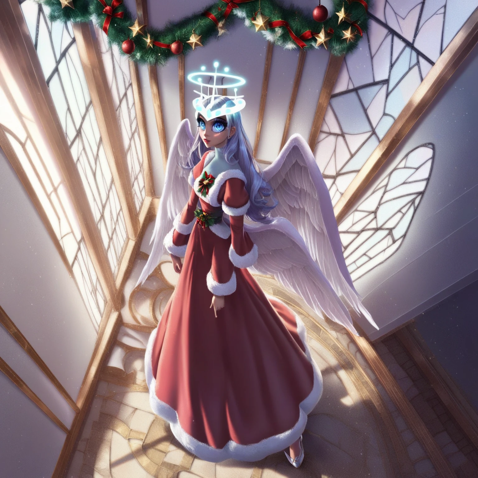 1 girl, , halo, Alone, Standing, Angel wings,  Full body , Christmas dress ,  Juliet sleeves,  turtleneck dress ,
BREAK
 score_9,  score_8_above,  score_7_above,  score_6_above, ( HIGH QUALITY,  Detailed ,  beautiful),  round,  Detailed   beautiful eyes, outStanding,  countershade ,  Detailed  soft lighting