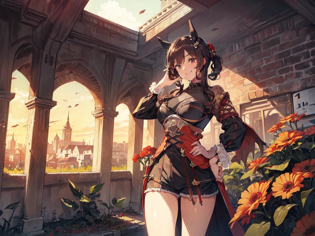 (Solo:2), (1 female:2), (Short fingers, short arms, short legs), (Horse ears), (Large breasts), (Backstroke), (Shorts and skirt), (Smiling and looking at the camera), (Inside a castle), (Surrounded by red flowers), (Sunset), (Focus on breasts), (Carefully drawn, amazing artwork, top quality, high resolution, 8K, detailed, delicate),