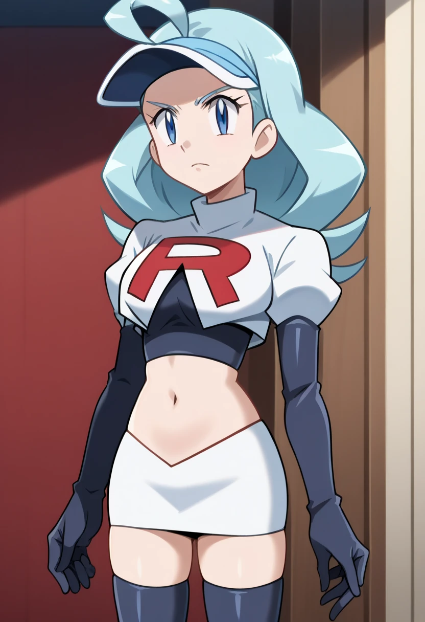 8k, ,1girl in, (solo:1.1), (perfect body:1.1), (best quality:1.1), very large breast, team rocket uniform, red letter r, white skirt,white crop top,black thigh-high boots, black elbow gloves, glaring angrily, looking down at viewer, hands on hips,zettai ryouiki,cowboy shot
