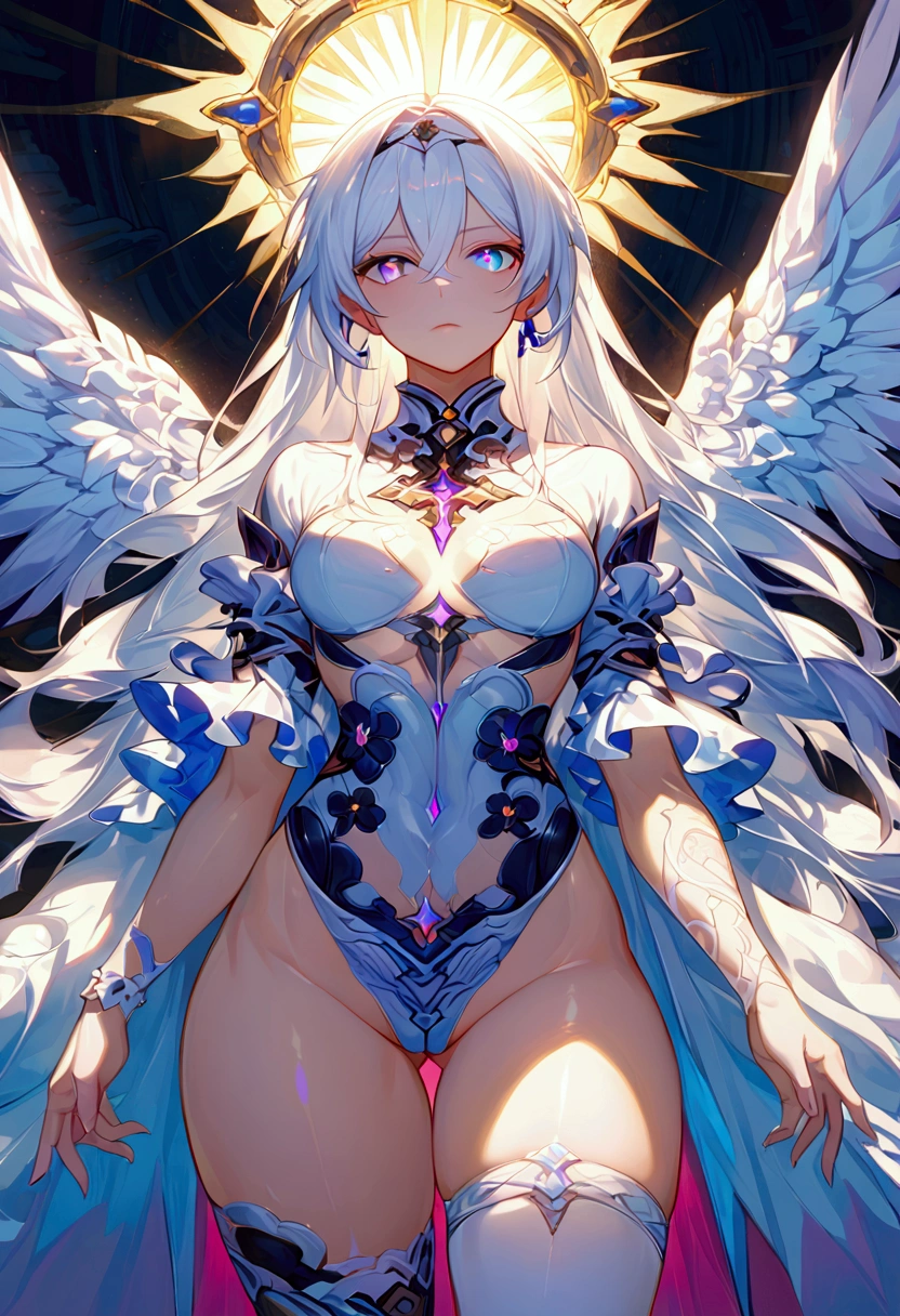 【8K,  RAW photos ,  better quality,  masterpiece: 1.4】, 【 Ultra-high resolution 】,  style,  soft lighting , Kiana Kaslana,  ((Beautiful female)), Pretty girl,(( perfect anatomy)), ((Rays of God)), (( thick thighs )), ((Herrsher of Purpose )), (( eyes with intricate patterns)), ((ruined fund)), ((shining pupils))