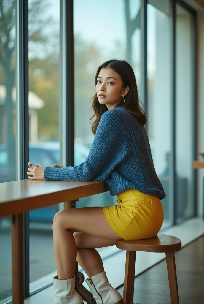 A photo of a 1Ashgirl, sitting in a cafe, huge glass walls, wearing blue knitted sweater, yellow shorts, white boots, 