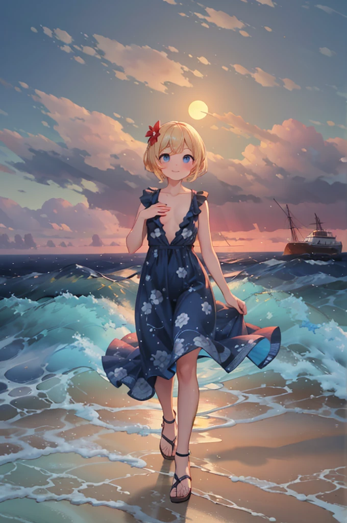 (8k,  super high quality , masterpiece:1.2),  super high res,  one woman,  cute,  small breasts,  blondes, Navy Blue Dress, Red floral pattern, Sandals, Hawaiian Dress, whole body, soaked,  like a ,  best smile , sea, sea水浴, Water Drop, whole bodyにWater Drop,  their chest is soaked in water , Lots of water,  playing in the water, 