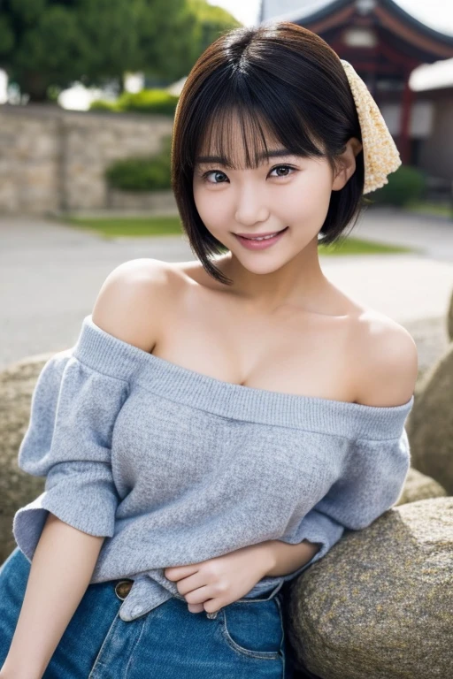 masterpiece, top quality ,(  Japanese Girl),(( beautiful girls)), clevis on a stone,( Off Shoulder:1.2),( perfect body beauty:1.2),( smiley smile ),