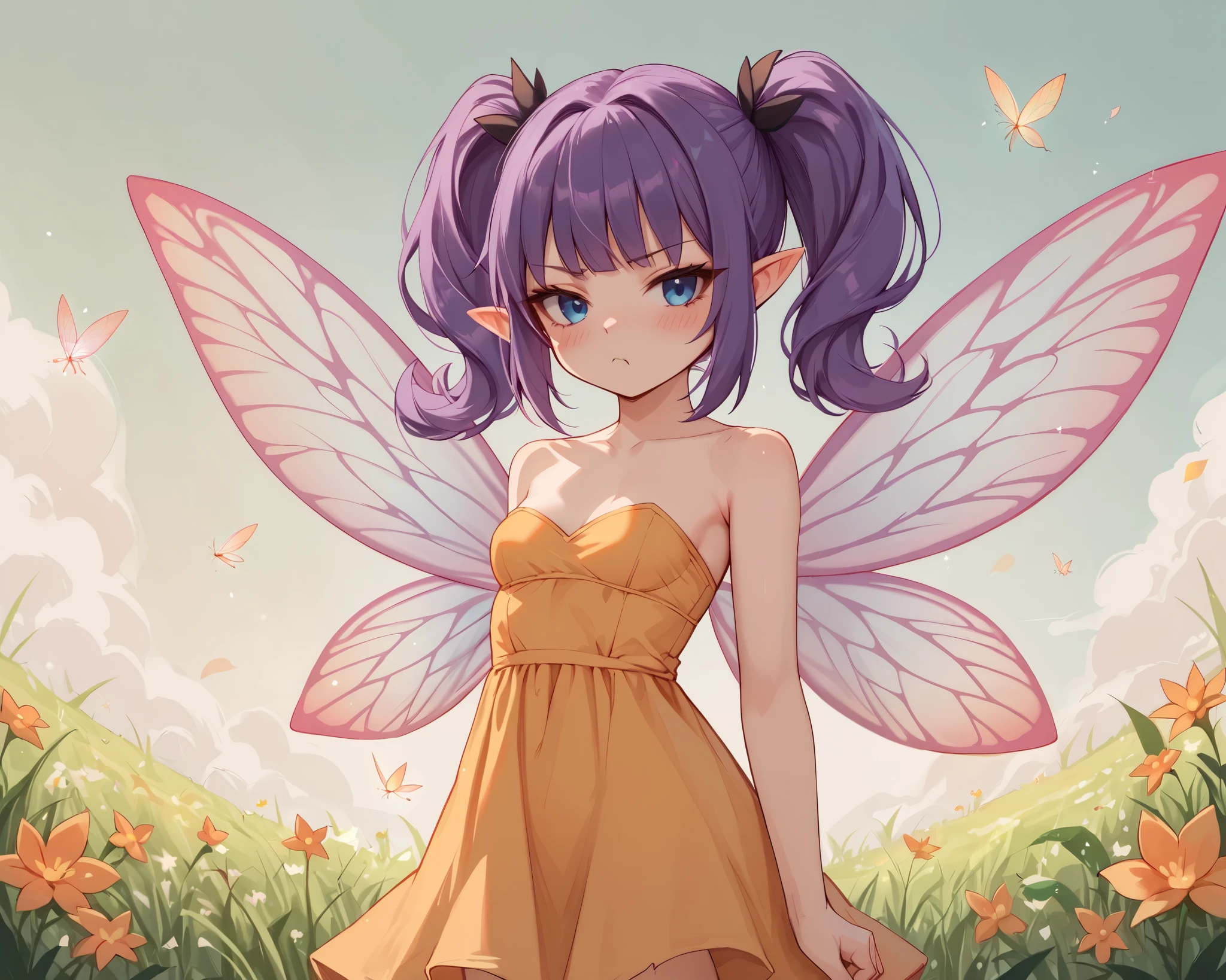 score_9_up, score_8_up, score_7_up, 1girl, solo, source_anime, fairy, FairyForm, Fairy Wings, Wings BREAK 

Short twintails, fairy wings, bangs, small breasts, purple hair, blue eyes BREAK 

Orange sundress, strapless, bare shoulders BREAK 

Standing, looking at viewer, bored face, blush BREAK 

Outdoors, grass, flowers, cloudy sky, day BREAK 