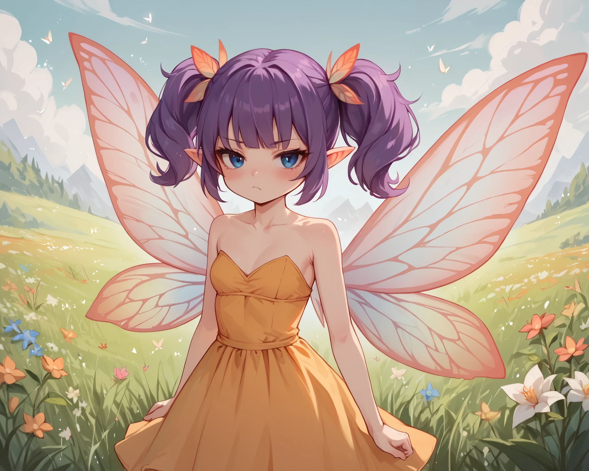 score_9_up, score_8_up, score_7_up, 1girl, solo, source_anime, fairy, FairyForm, Fairy Wings, Wings BREAK 

Short twintails, fairy wings, bangs, small breasts, purple hair, blue eyes BREAK 

Orange sundress, strapless, bare shoulders BREAK 

Standing, looking at viewer, bored face, blush BREAK 

Outdoors, grass, flowers, cloudy sky, day BREAK 