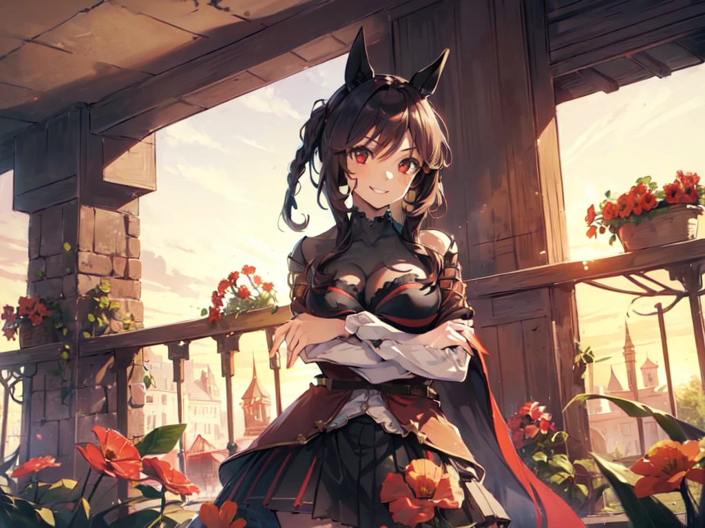 (Solo:2), (1 female:2), (Short fingers, short arms, short legs), (Horse ears), (Large breasts), (Cleavage-emphasizing pose), (Skirt), (Smiling and looking at the camera), (Inside a castle), (Surrounded by red flowers), (Sunset), (Focus on breasts), (Carefully drawn, amazing artwork, top quality, high resolution, 8K, detailed, delicate),