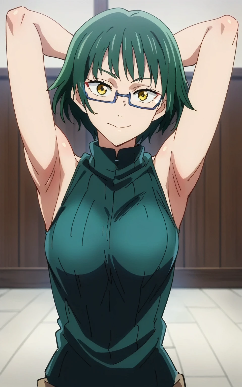 score_9, score_8_up, score_7_up, source_anime, anime screencap, 1girl, solo, Maki Zenin, yellow eyes, green hair, short hair, glasses ,mediun breasts, (ribbed sweater, dark blue sweater:1.1), sleeveless sweater, turtleneck, arms behind head, armpits, looking at viewer, head towards viewer, smile, badhandv4, indoors, bare shoulders, bare arms, closed mouth 