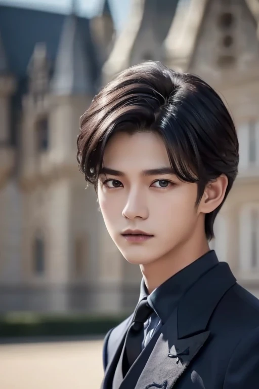 Jaemin,   facing the front , Twink,  open lips, (Dark navy hair:1.2),  Dark Navy Prince Regal Outfit, ( super real :1.2), ( close:1.2), ( Gothic European Castle Background :1.2), ( complicated:1.2), ( viewers:1.2),  male focus, 1 male, 